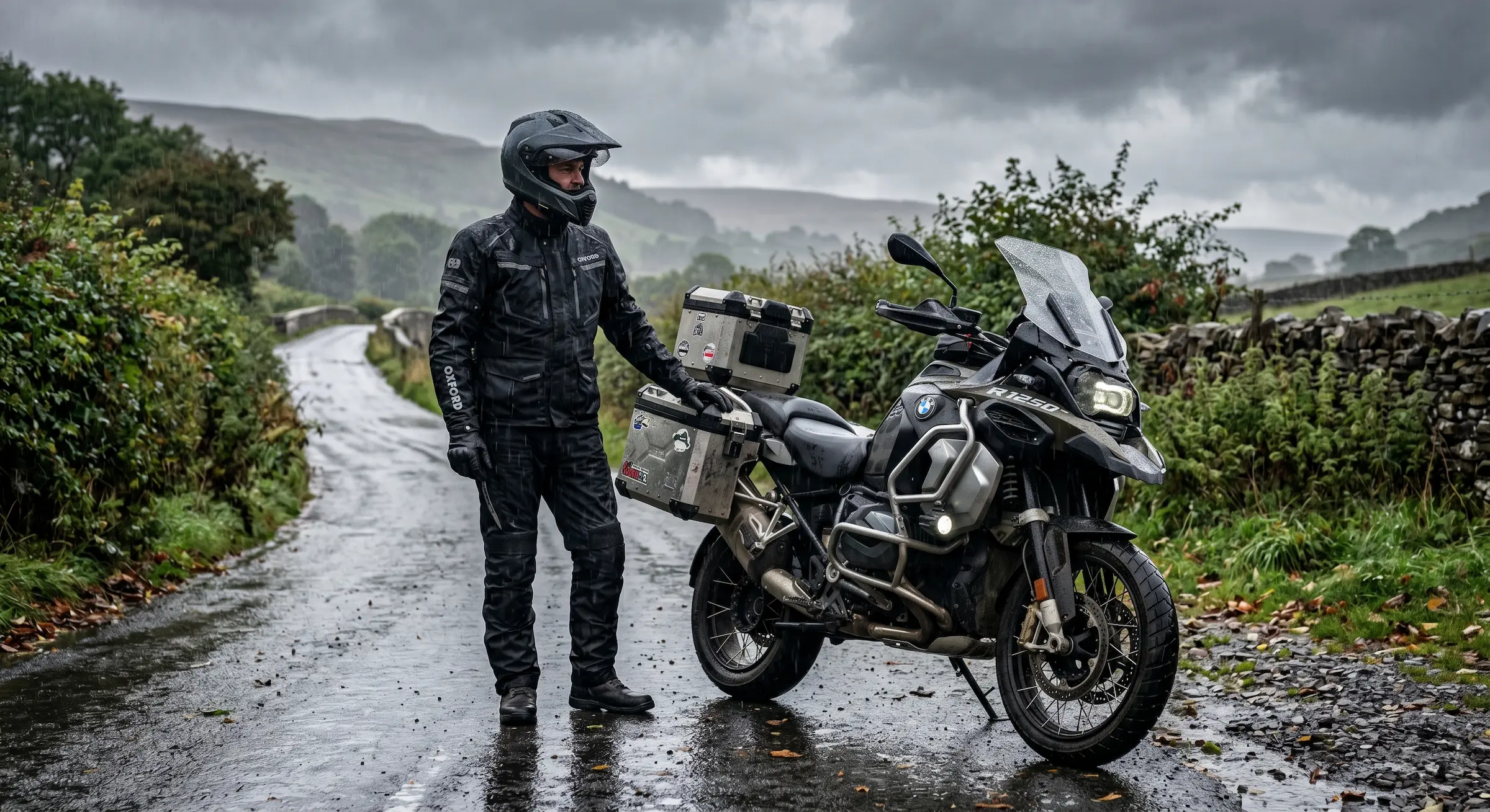 Rider wearing the Oxford Mondial Advanced jacket beside a motorcycle on a wet road.