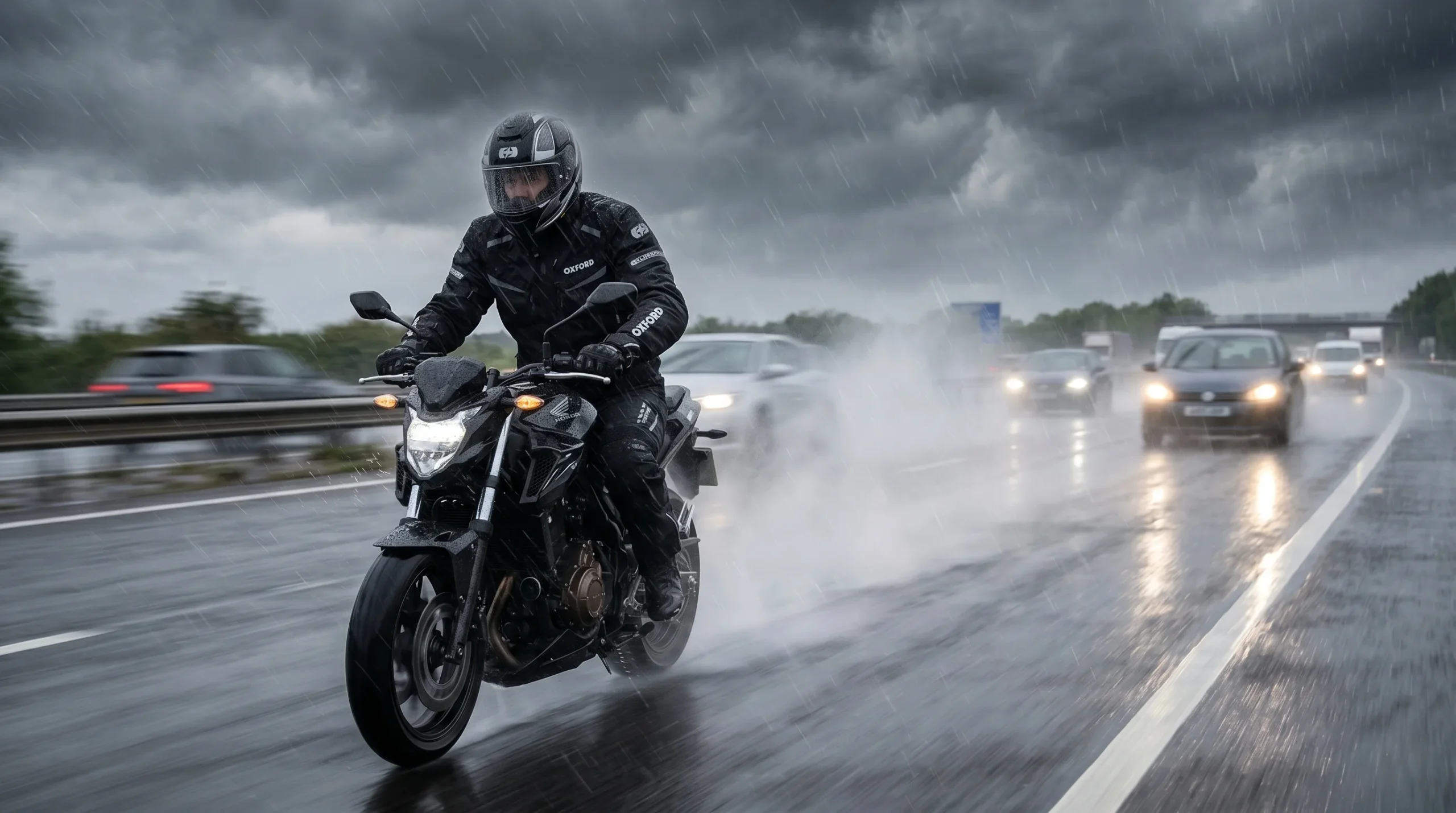 Motorcyclist riding in heavy rain wearing the Oxford Mondial Advanced jacket
