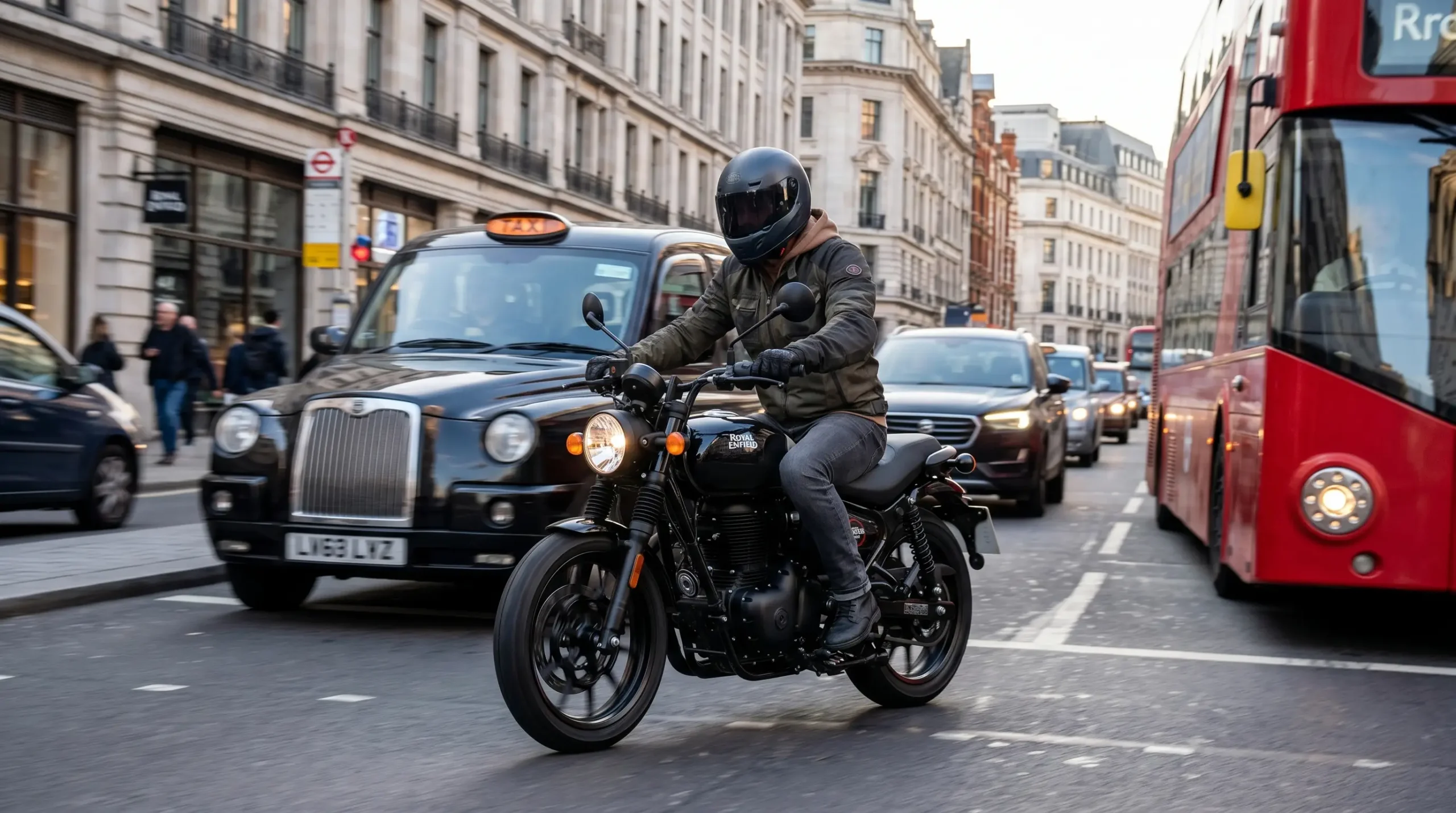 Rider on a Royal Enfield Hunter 350 filtering through city traffic