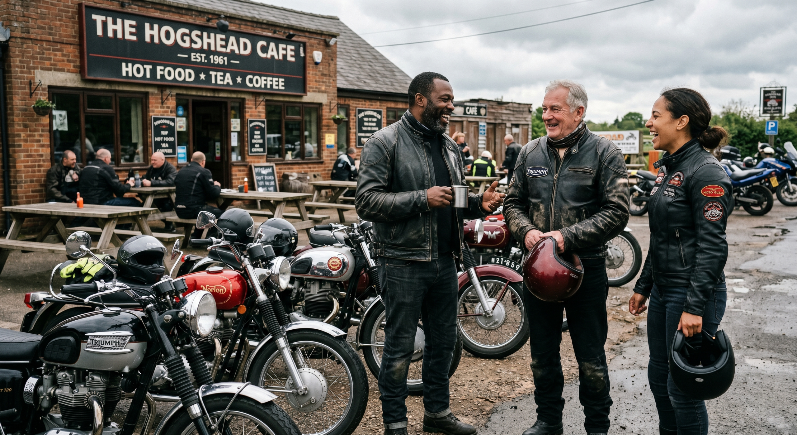 A group of motorcyclists talking at a local biker cafe with their petrol bikes parked nearby