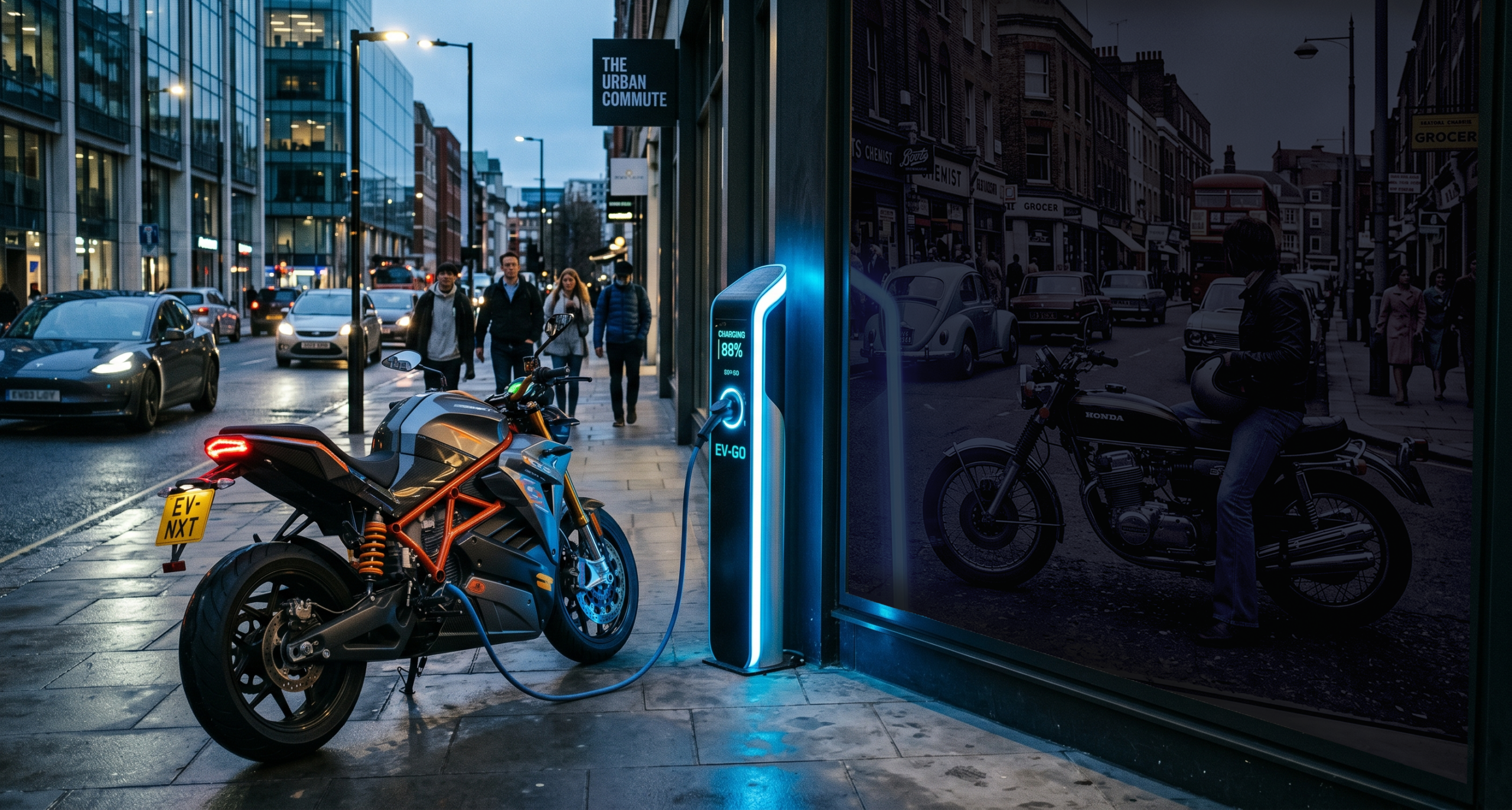 A modern electric motorcycle plugged into a glowing blue public charging station on a busy city street at dusk, with pedestrians and cars in the background.